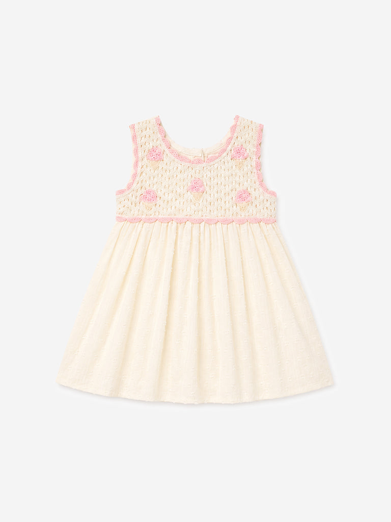 HOP Baby Girl Off-White Crochet Detailed Cotton A-Line Dress