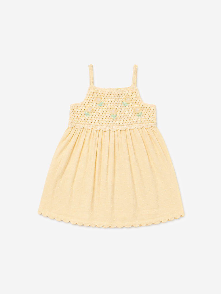 HOP Baby Girl Yellow Crochet Embroidered Cotton A-Line Dress