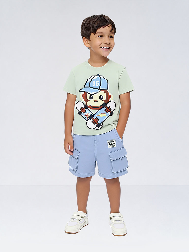 HOP Kids Boys Dusty Blue Cargo-Style Mid-Rise Cotton Shorts