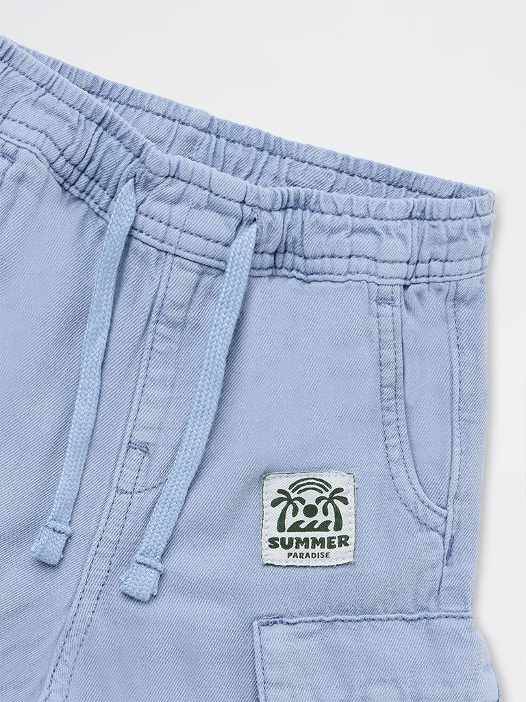 HOP Kids Boys Dusty Blue Cargo-Style Mid-Rise Cotton Shorts