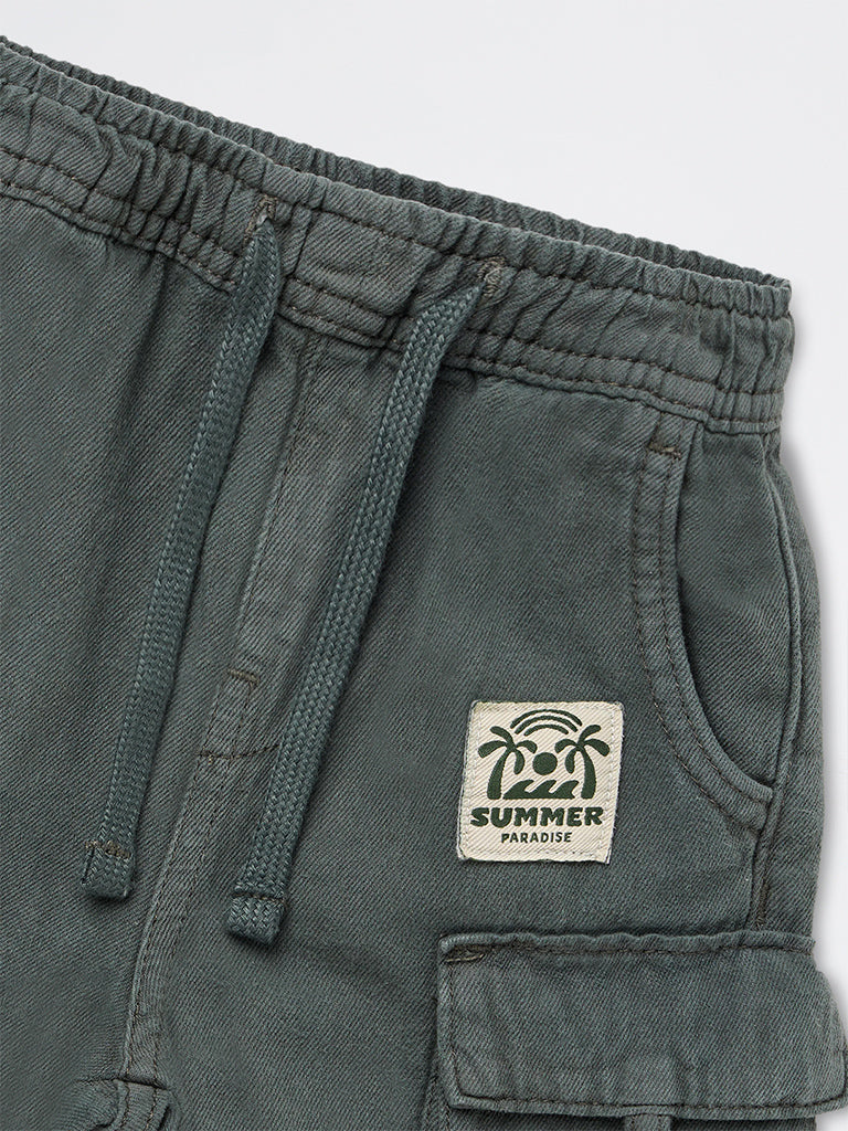 HOP Kids Boys Olive Cargo-Style Mid-Rise Cotton Shorts