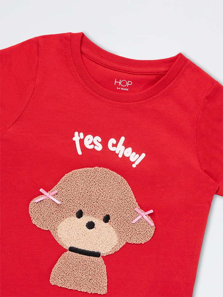 HOP Kids Girls Red Dog Embroidered Cotton T-Shirt