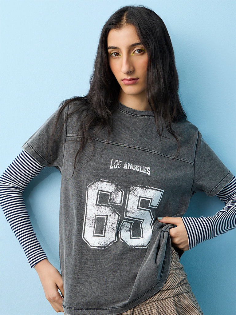 Nuon Dark Grey Numerical Printed T-Shirt