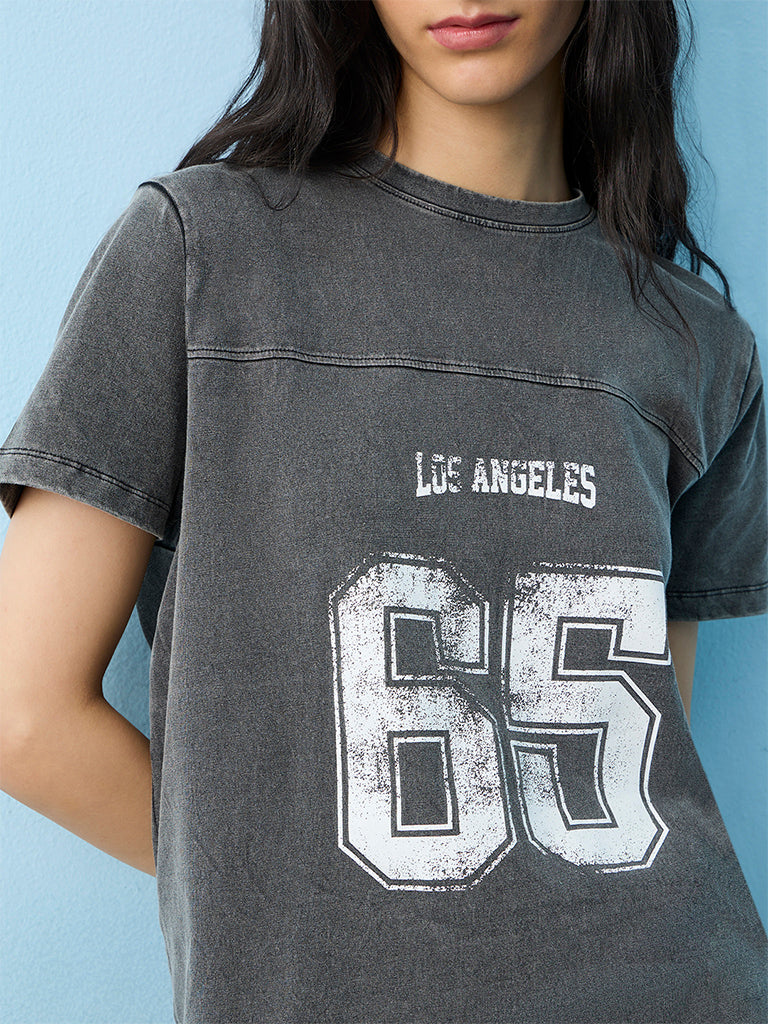Nuon Dark Grey Numerical Printed T-Shirt