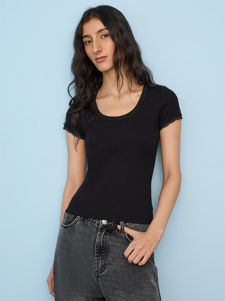 Nuon Black Ribbed Cotton Top