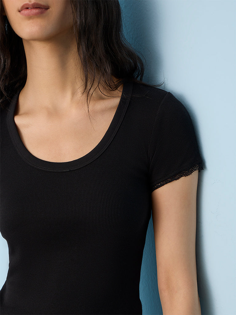 Nuon Black Ribbed Cotton Top