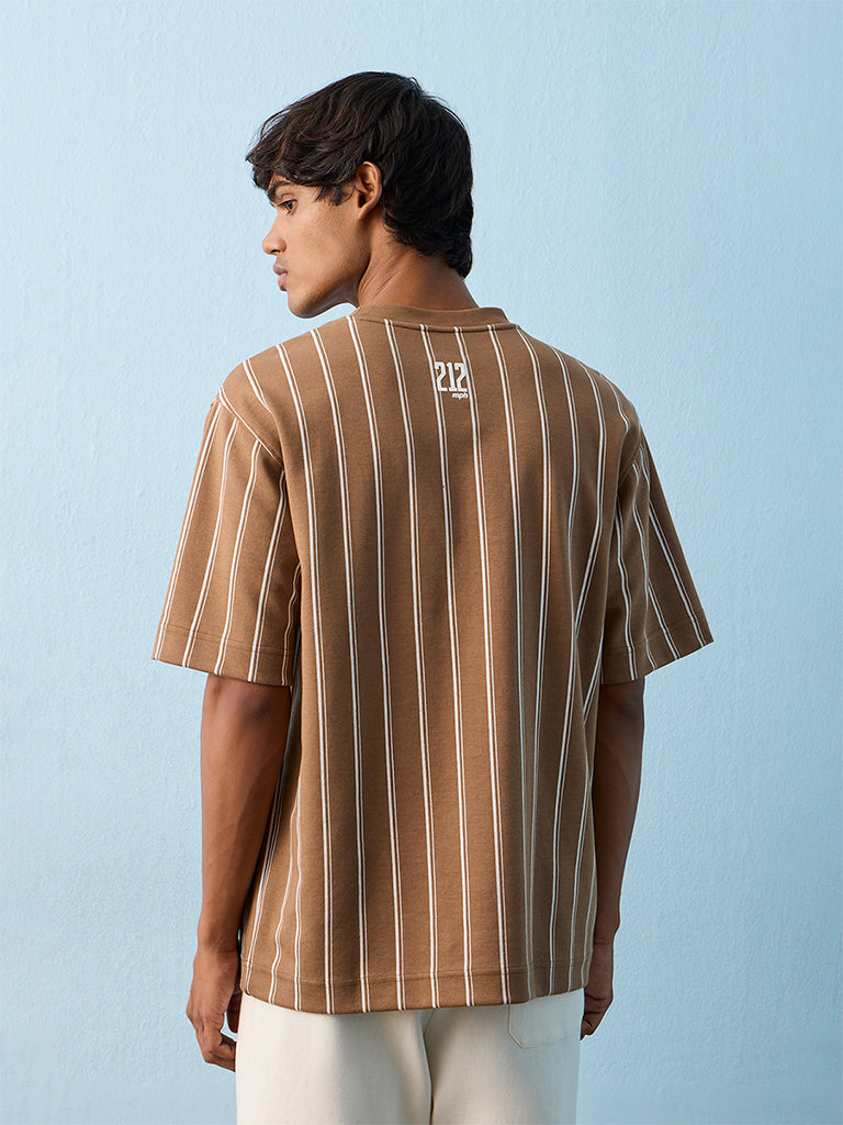Nuoflexx Light Brown Striped Relaxed-Fit Cotton-Blend T-Shirt