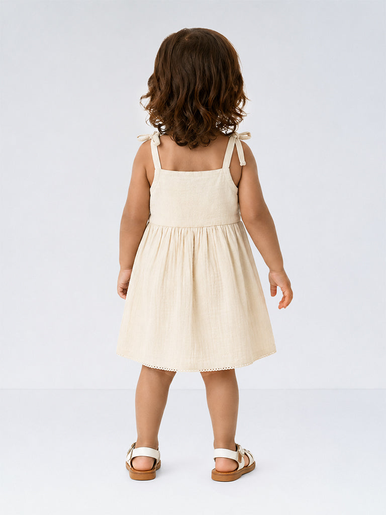 HOP Baby Girls Beige Crochet-Detail Cotton A-Line Dress