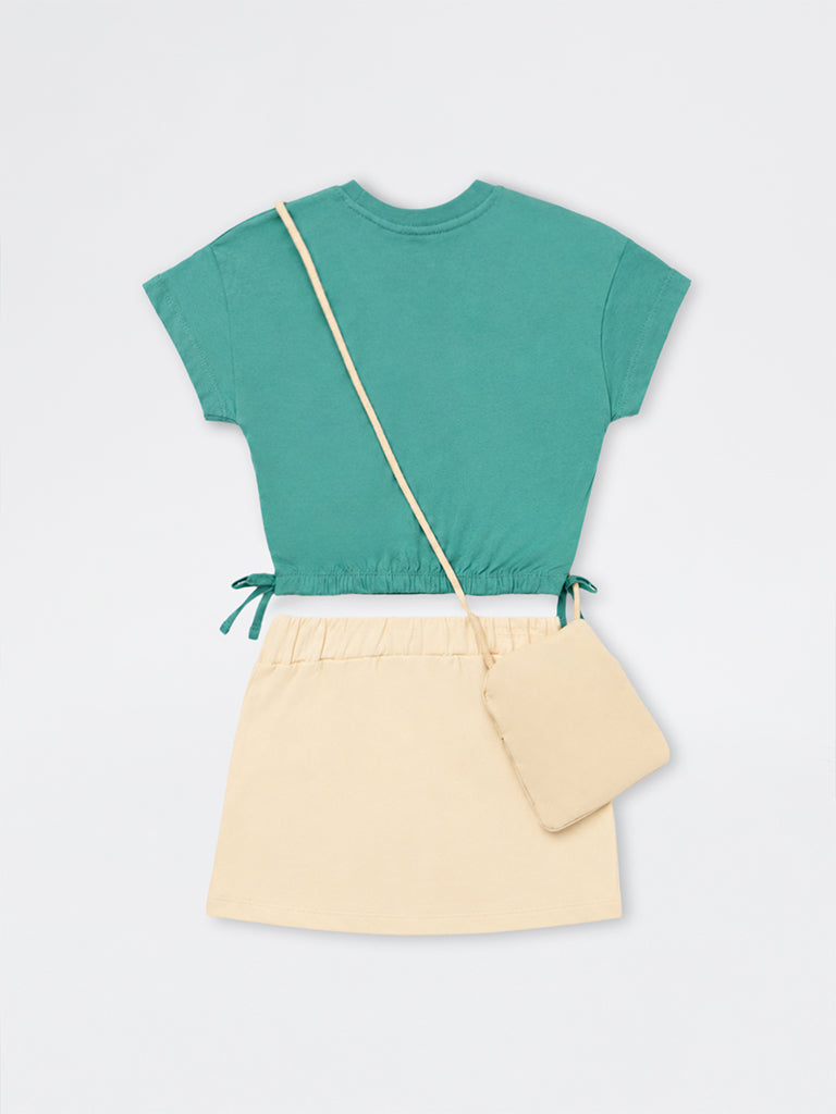 HOP Kids Girls Teal Teddy Design Cotton Top, Skirt and Sling Bag Set
