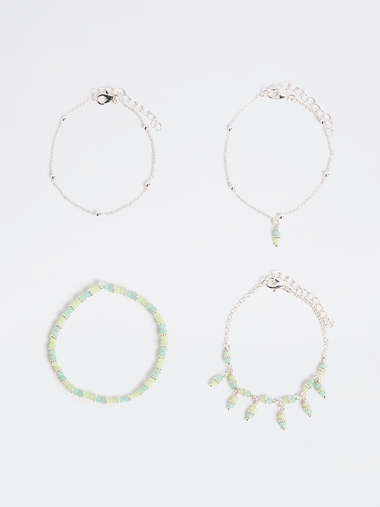 Westside Accessories Green and Silver Beaded Chain Bracelets - Pack of 4