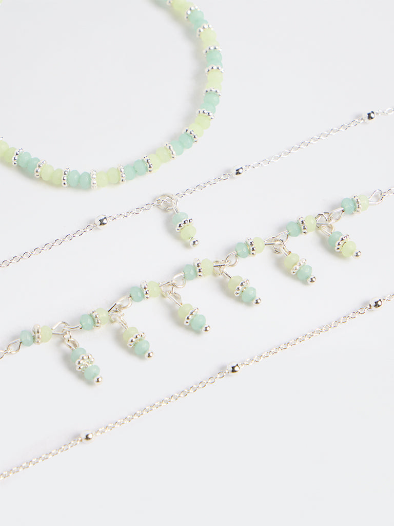 Westside Accessories Green and Silver Beaded Chain Bracelets - Pack of 4