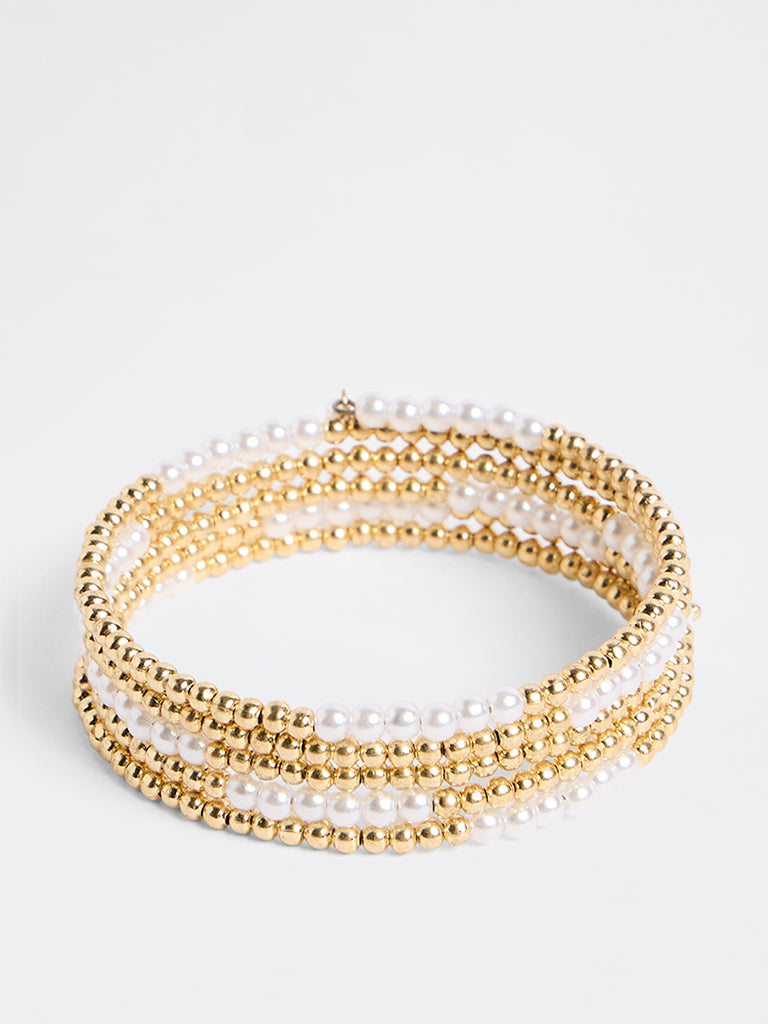 Westside Accessories Gold Beaded and Pearl Coiled Bracelet
