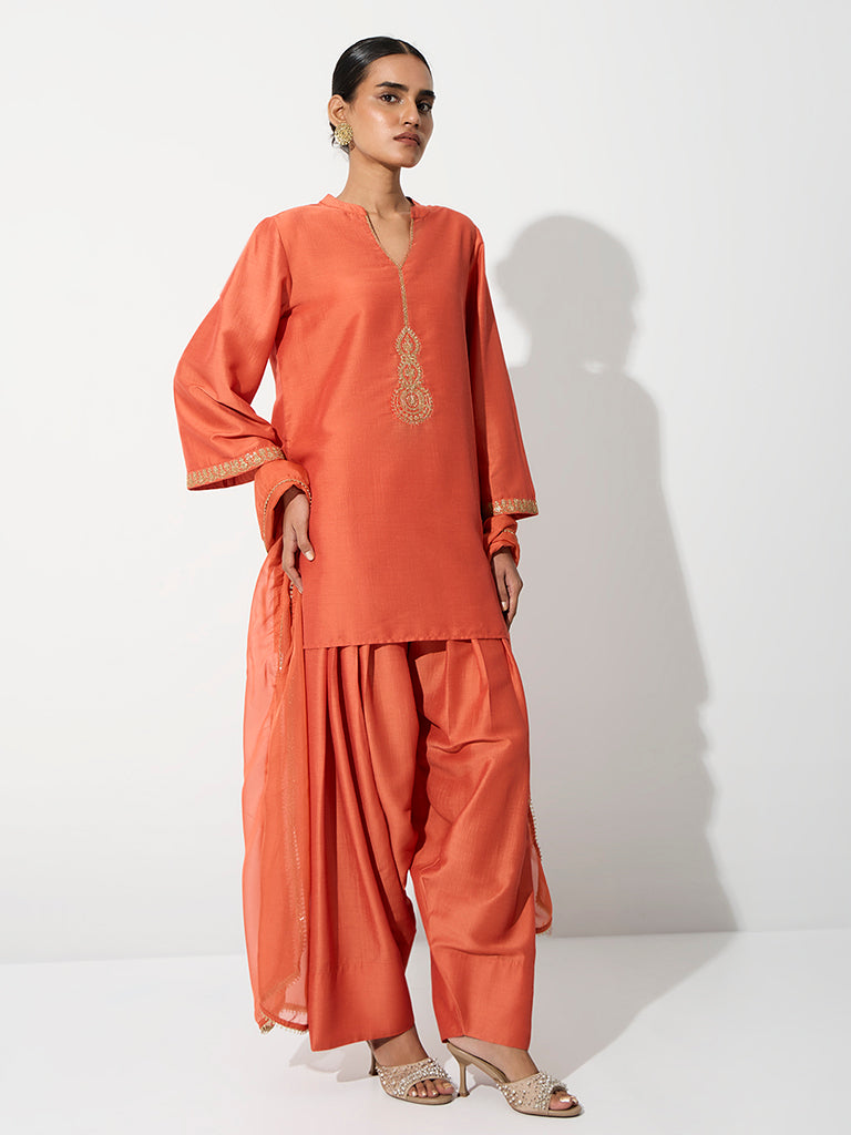 Vark Orange Embroidered Short Kurta and Salwar Ethnic Set