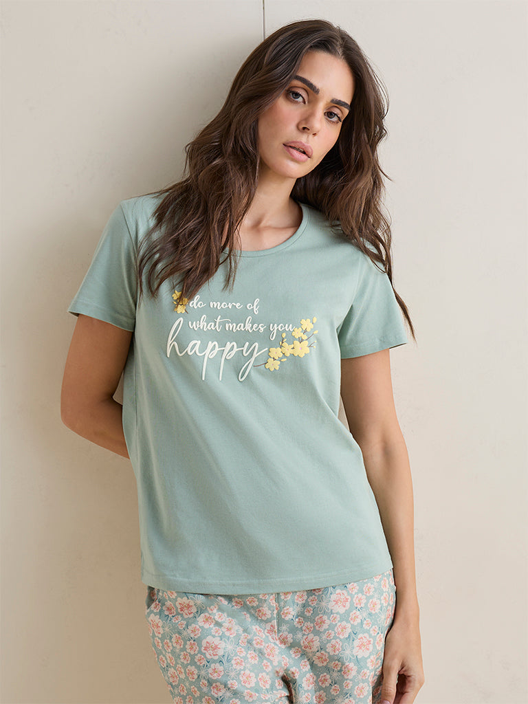 Wunderlove Green Text Printed Cotton T-Shirt