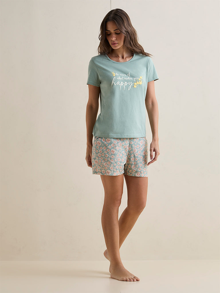 Wunderlove Green Text Printed Cotton T-Shirt