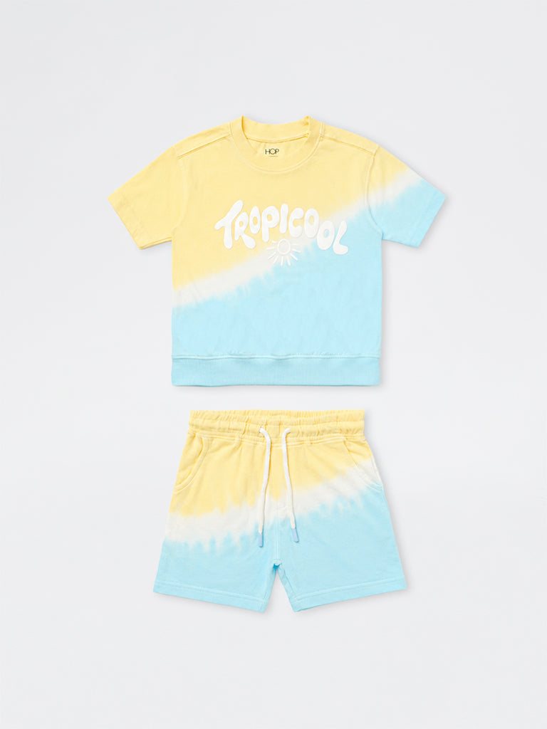 HOP Kids Boys Yellow and Blue Tie-Dye Cotton T-Shirt and Shorts Set