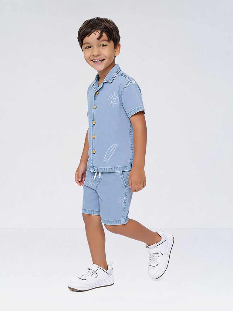 HOP Kids Boys Blue Denim Shirt and Shorts Set