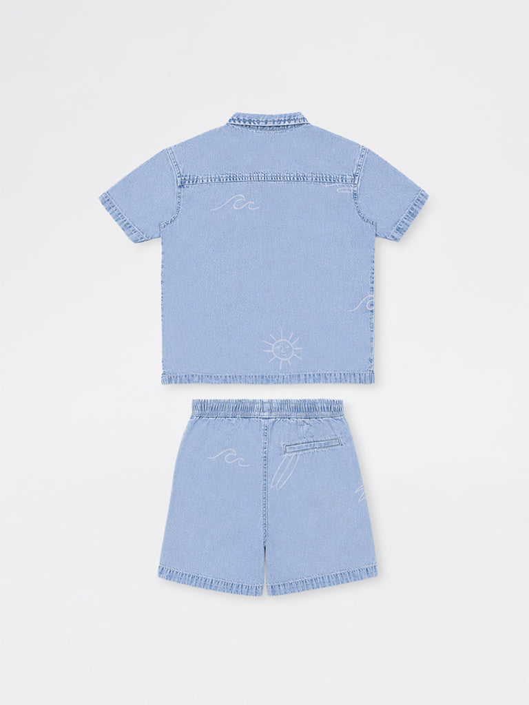 HOP Kids Boys Blue Denim Shirt and Shorts Set