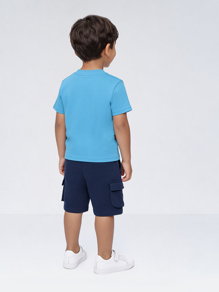 HOP Kids Boys Blue Printed Cotton T-Shirt and Shorts Set