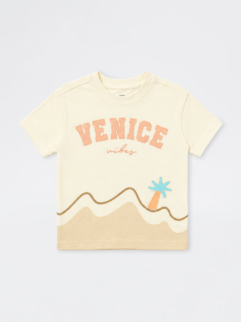 HOP Kids Boys Cream Text Design Cotton T-Shirt