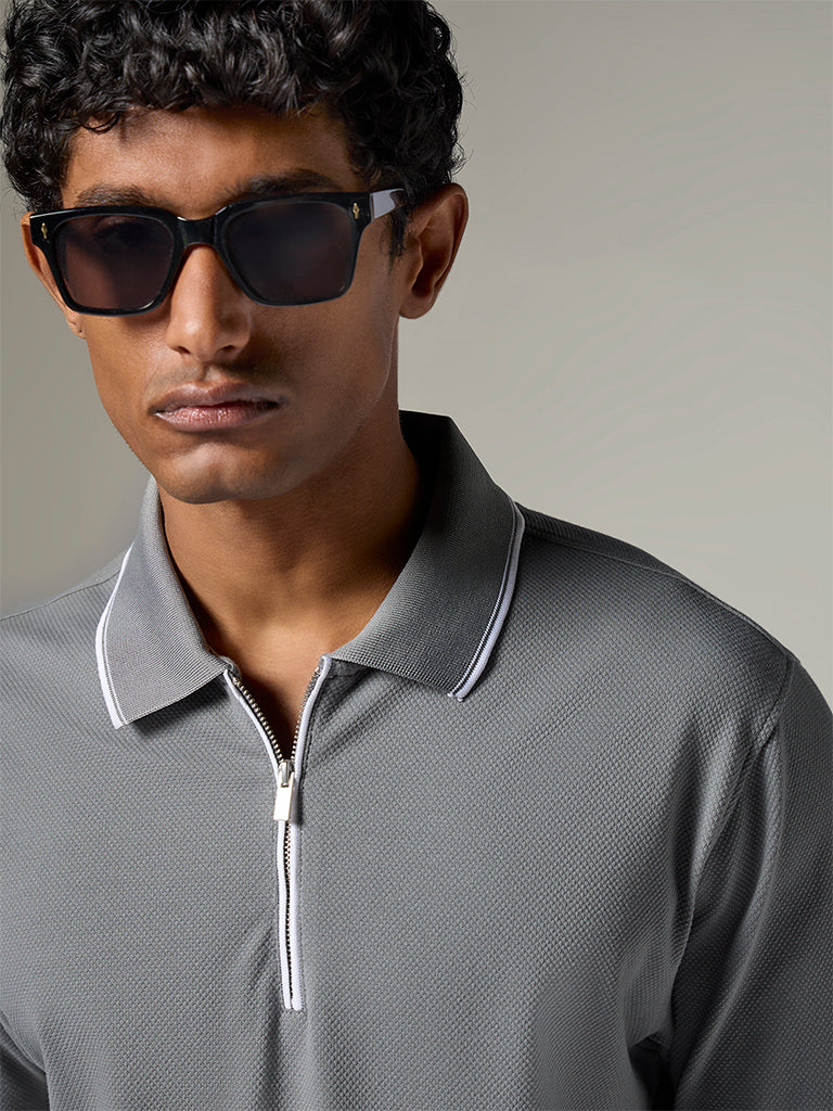 WES Casuals Grey Relaxed-Fit Cotton-Blend Polo T-Shirt