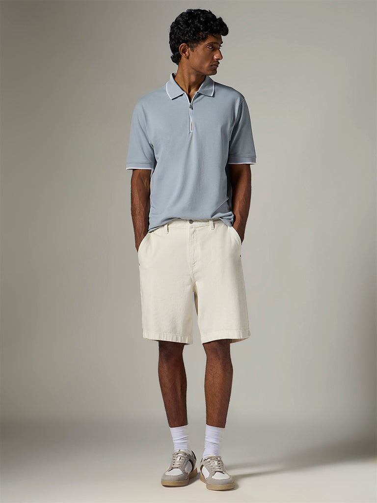 WES Casuals Dusty Blue Relaxed-Fit Cotton-Blend Polo T-Shirt
