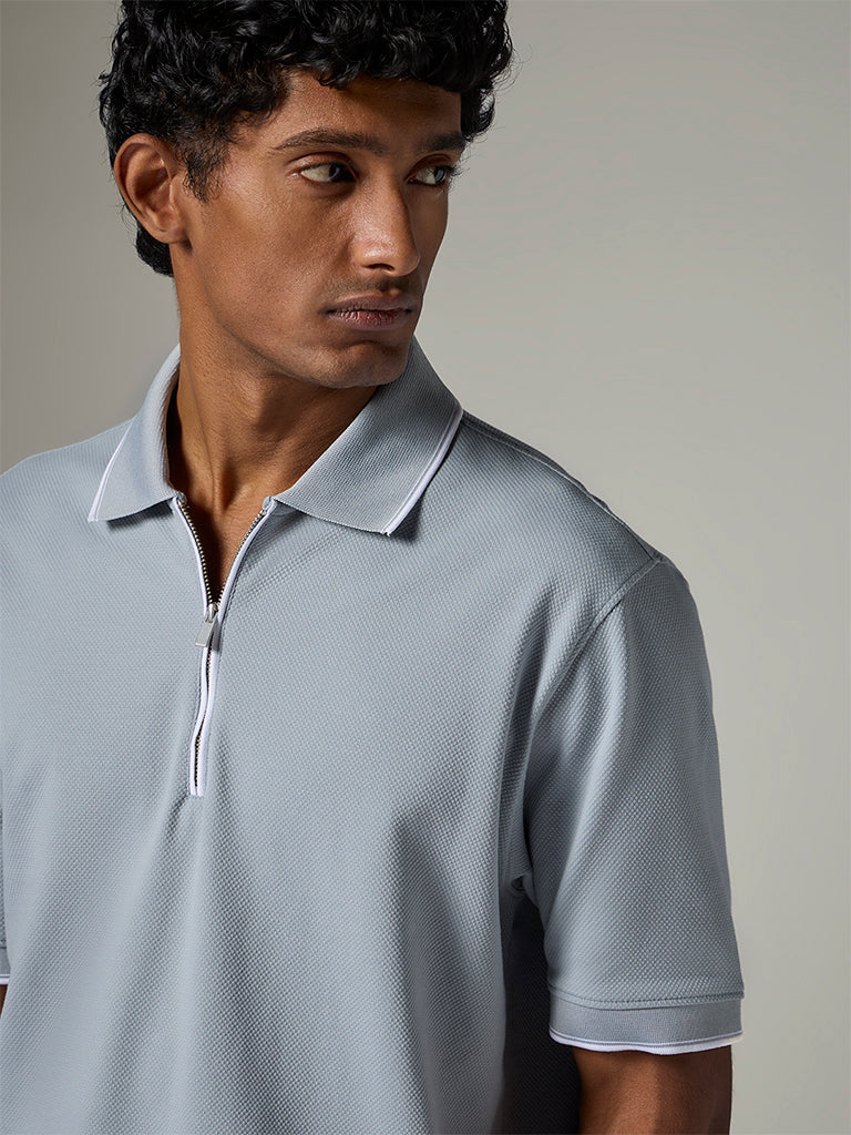 WES Casuals Dusty Blue Relaxed-Fit Cotton-Blend Polo T-Shirt