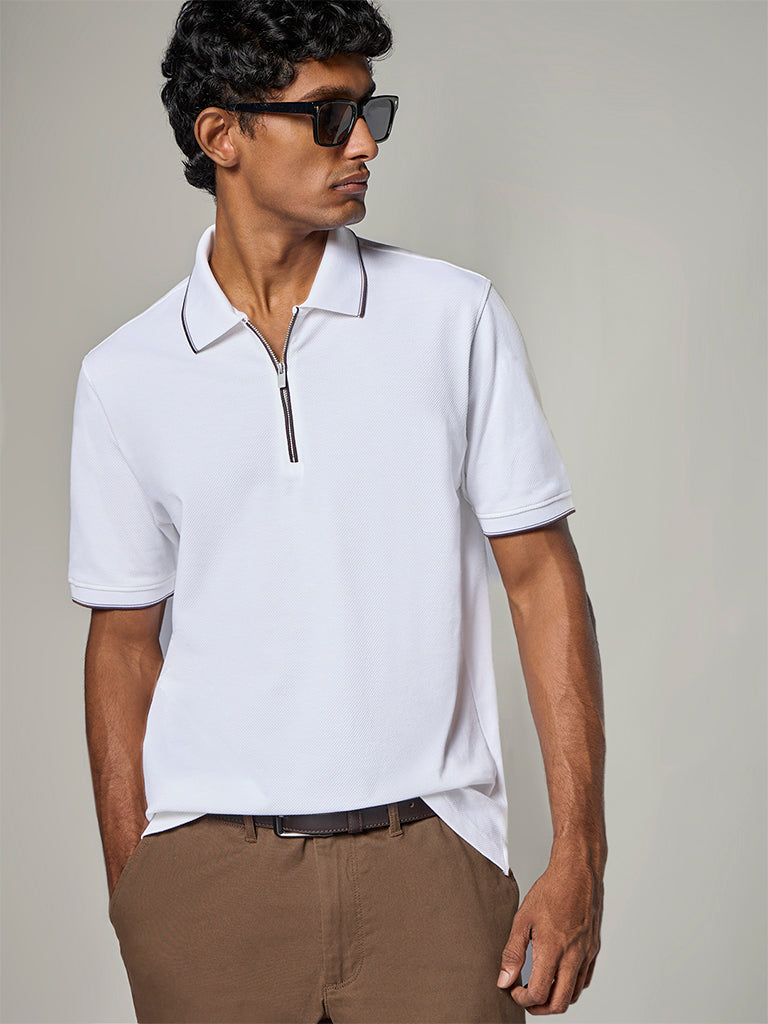WES Casuals White Textured Relaxed-Fit Cotton-Blend Polo T-Shirt