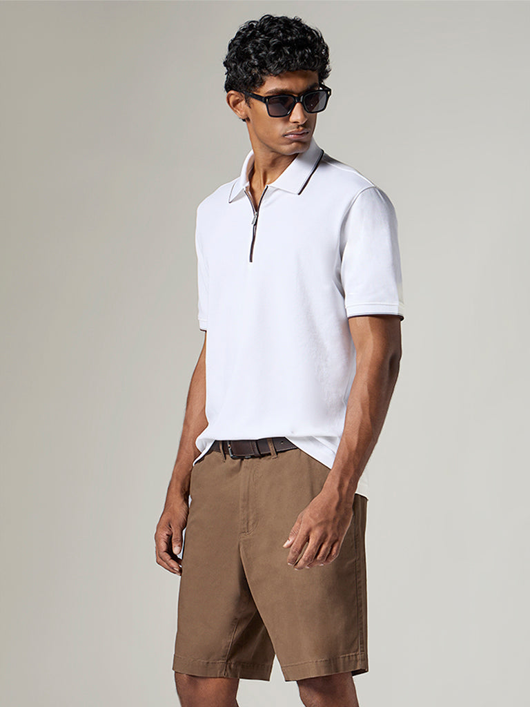 WES Casuals White Textured Relaxed-Fit Cotton-Blend Polo T-Shirt