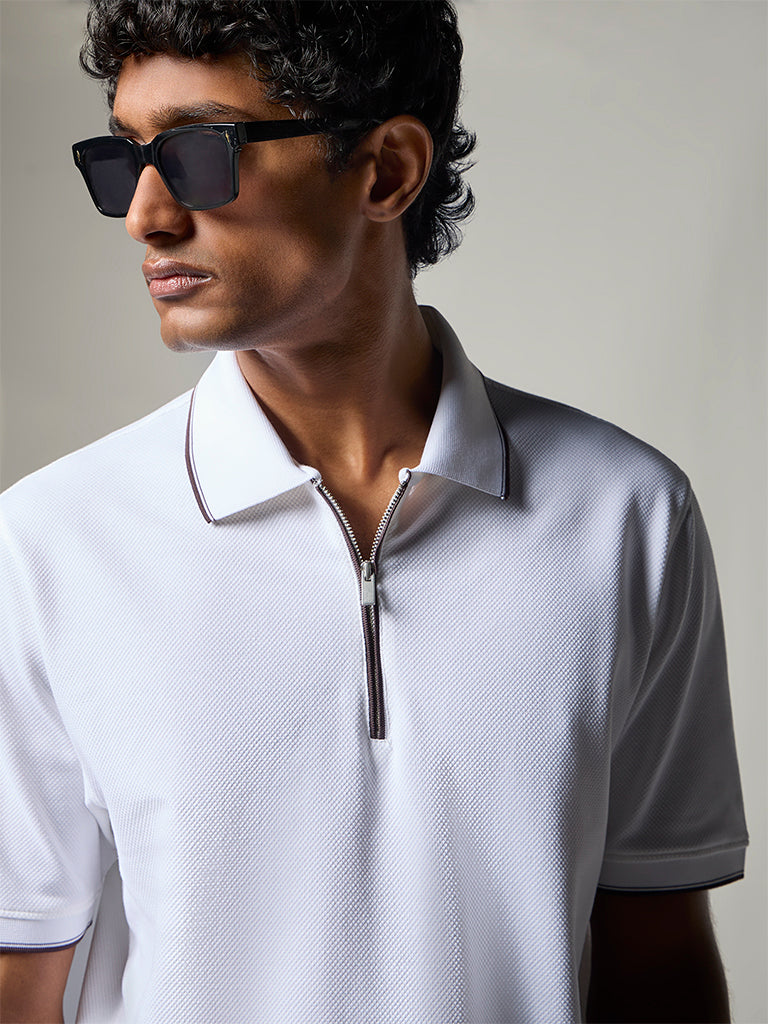 WES Casuals White Textured Relaxed-Fit Cotton-Blend Polo T-Shirt
