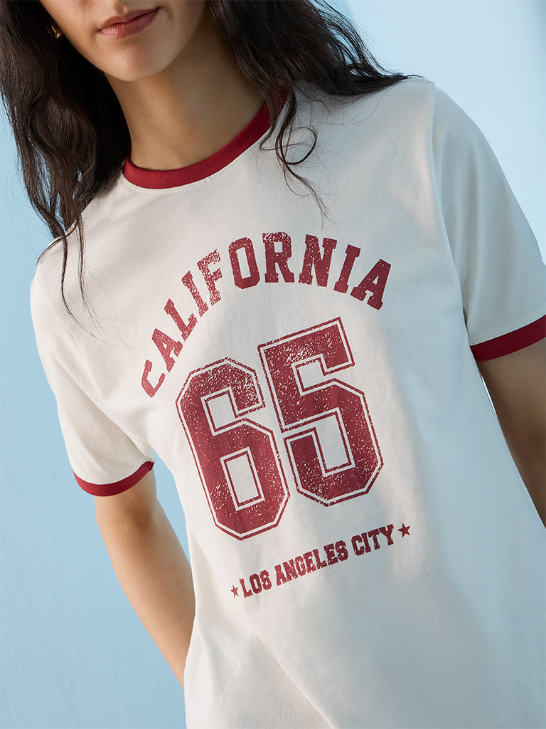 Nuon White Numerical Printed T-Shirt