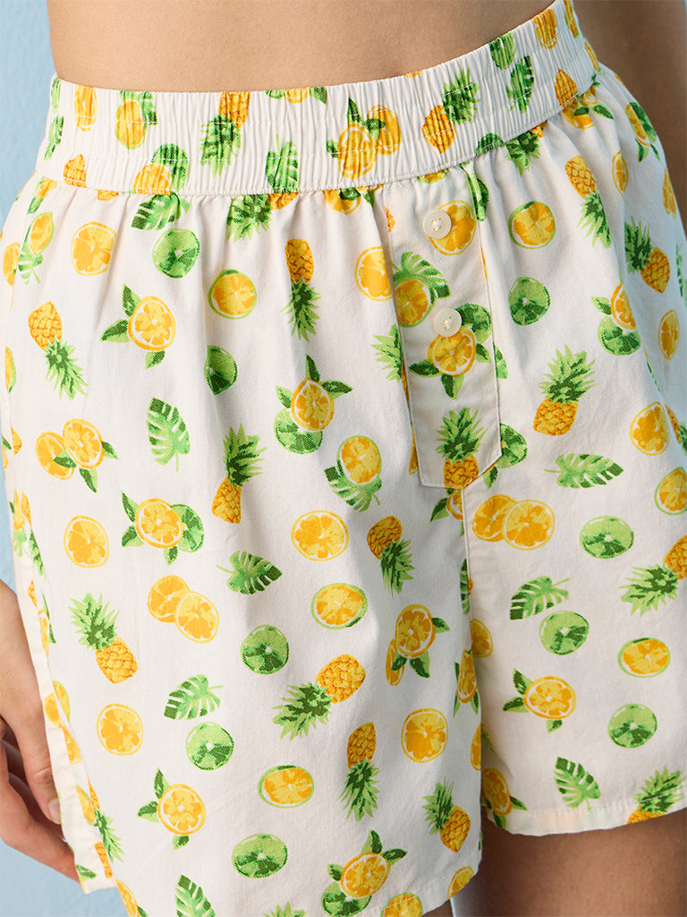 Superstar White Fruit Printed High-Rise Cotton Beach Shorts