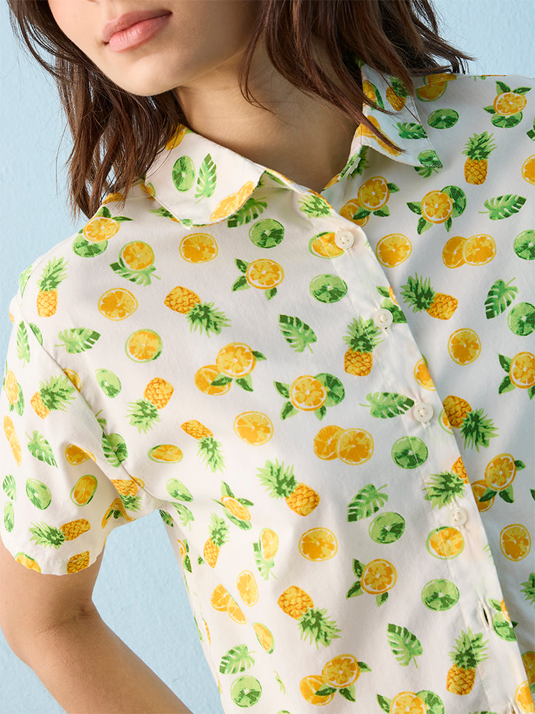 Superstar White Fruit Printed Cotton Beach Shirt