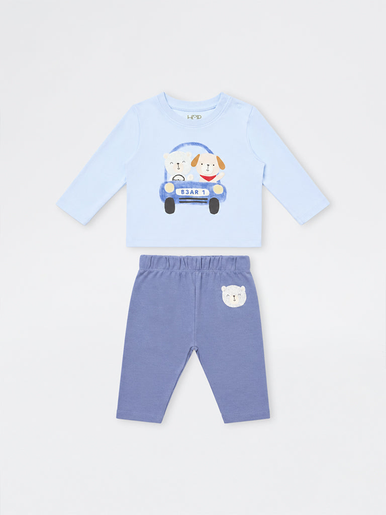 HOP Baby Boys Light Blue Animal Printed Cotton T-Shirt and Pants Set