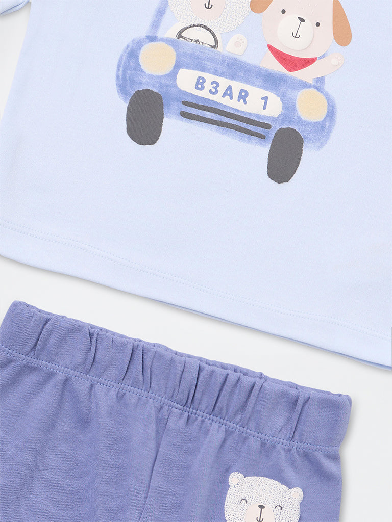 HOP Baby Boys Light Blue Animal Printed Cotton T-Shirt and Pants Set