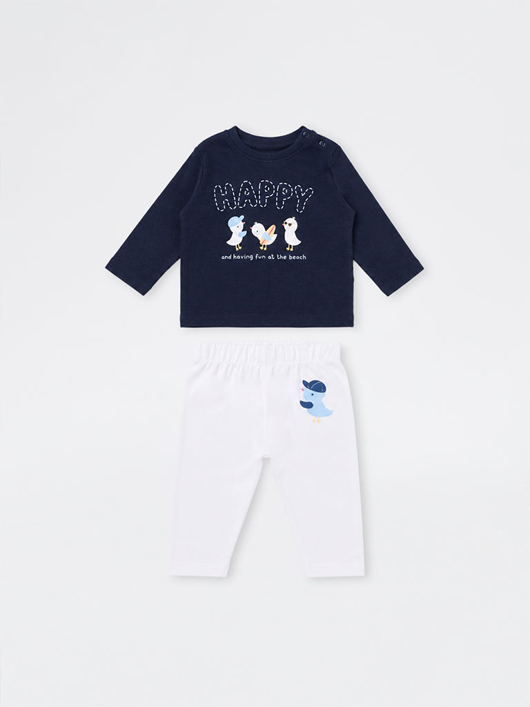 HOP Baby Boys Navy Bird Printed Cotton T-Shirt and Pants Set