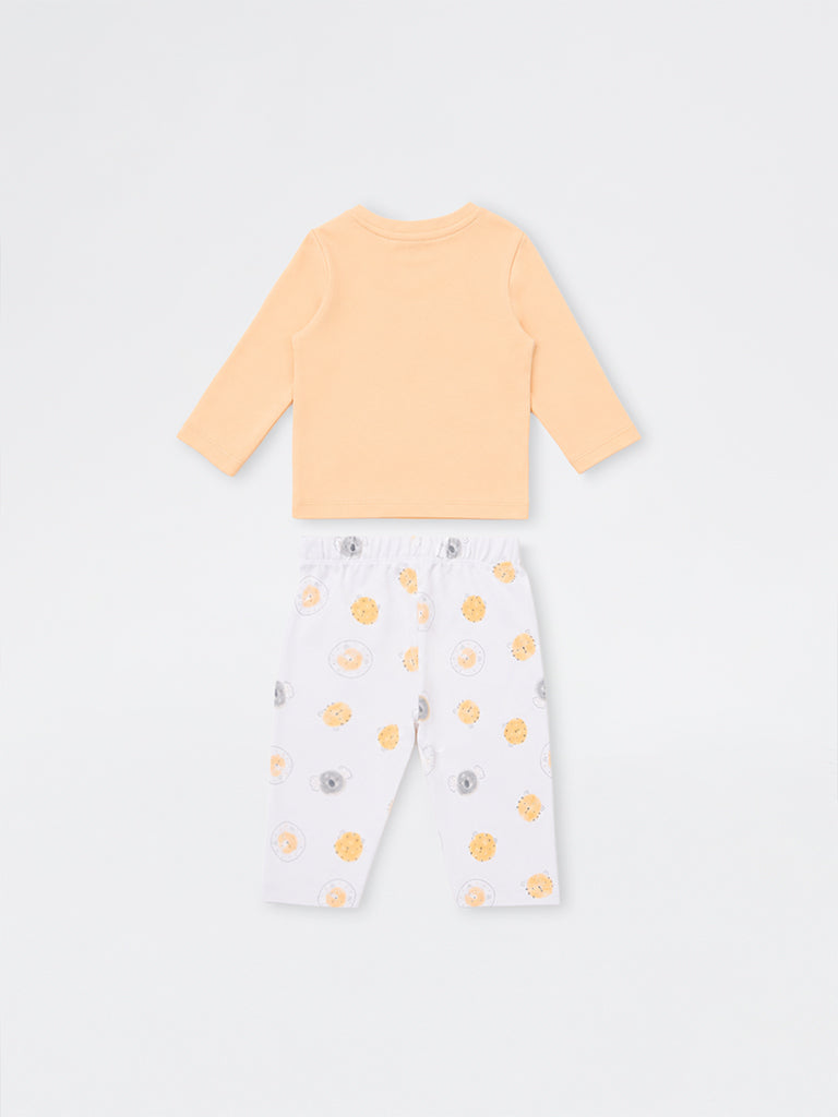 HOP Baby Boys Light Orange Animal Printed Cotton T-Shirt and Pants Set