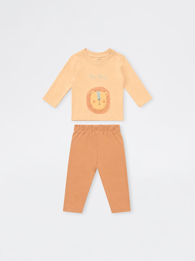 HOP Baby Boys Peach Animal Printed Cotton T-Shirt and Pants Set