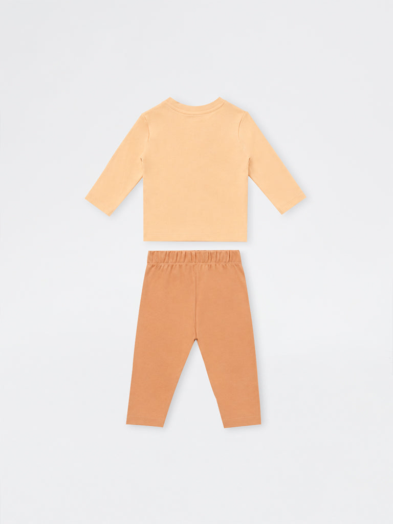 HOP Baby Boys Peach Animal Printed Cotton T-Shirt and Pants Set