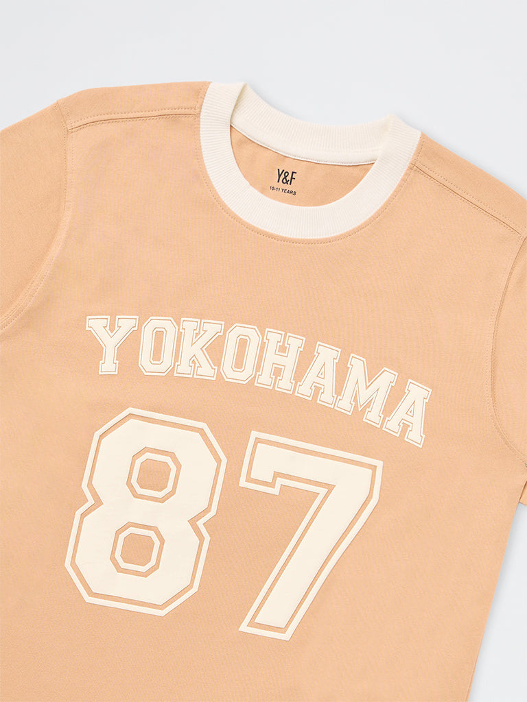 Boys Peach Numerical Printed Cotton T-Shirt