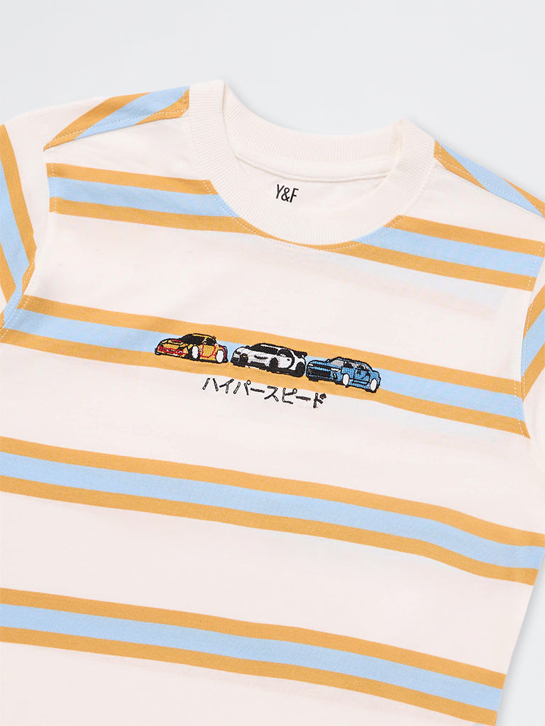 Boys Off-White Striped Cotton T-Shirt