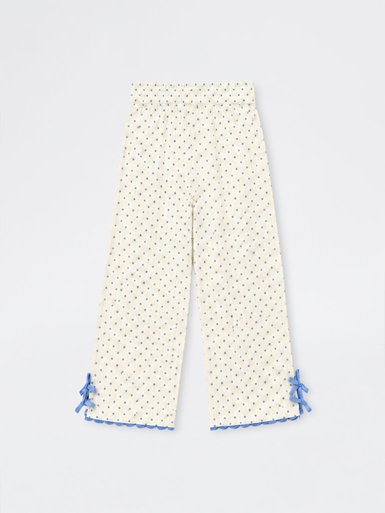 HOP Kids Girls White Polka Dot Printed High-Rise Cotton Pants