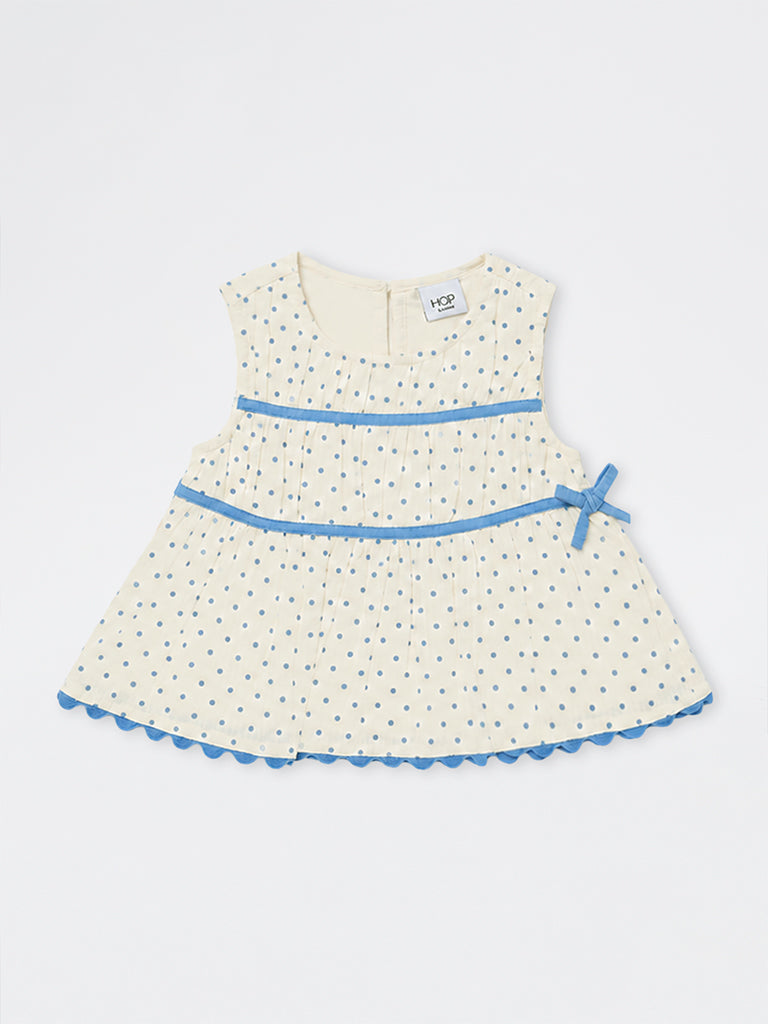 HOP Kids Girls White Polka Dot Printed Cotton Top