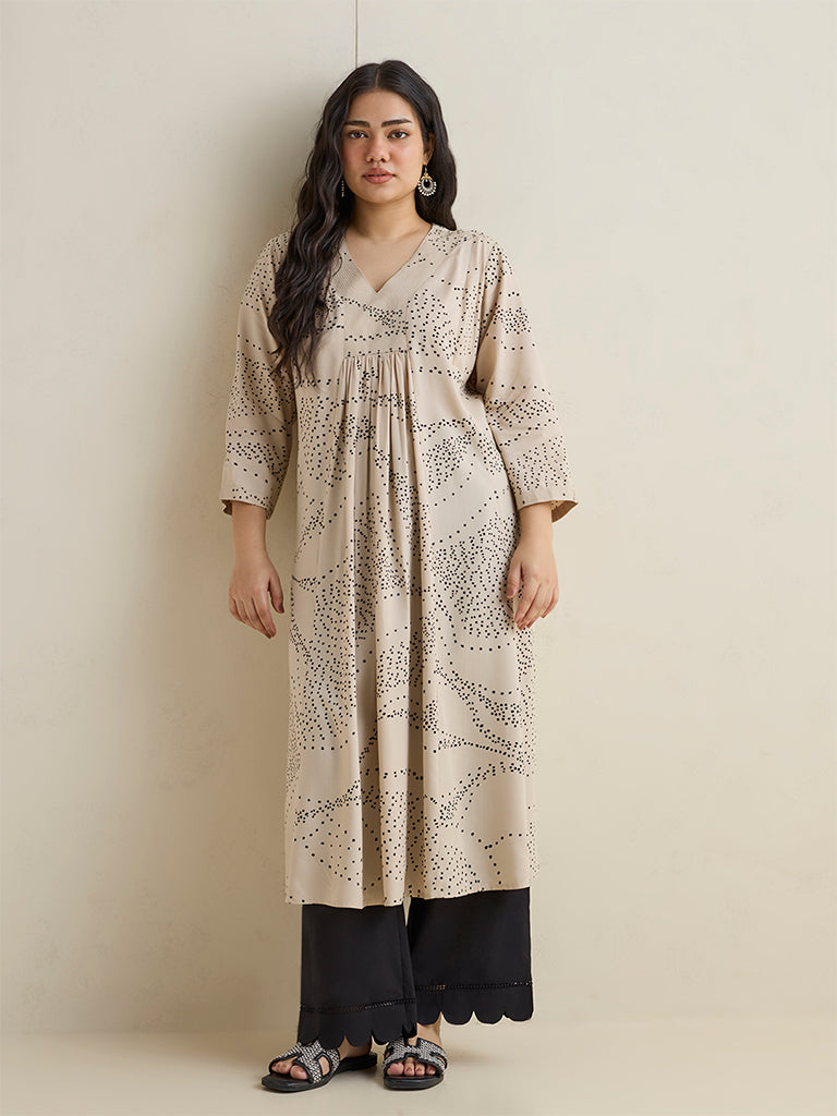 Diza Light Beige Botanical Printed A-Line Kurta