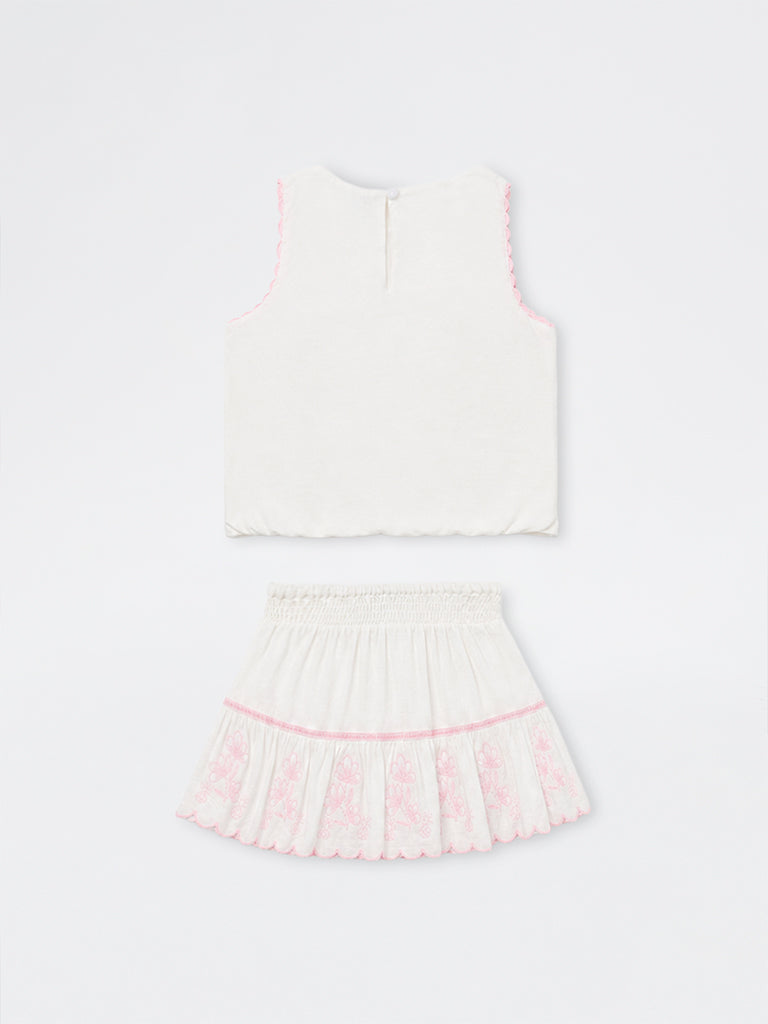 HOP Kids Girls White Floral Embroidered Cotton Top and Skirt Set