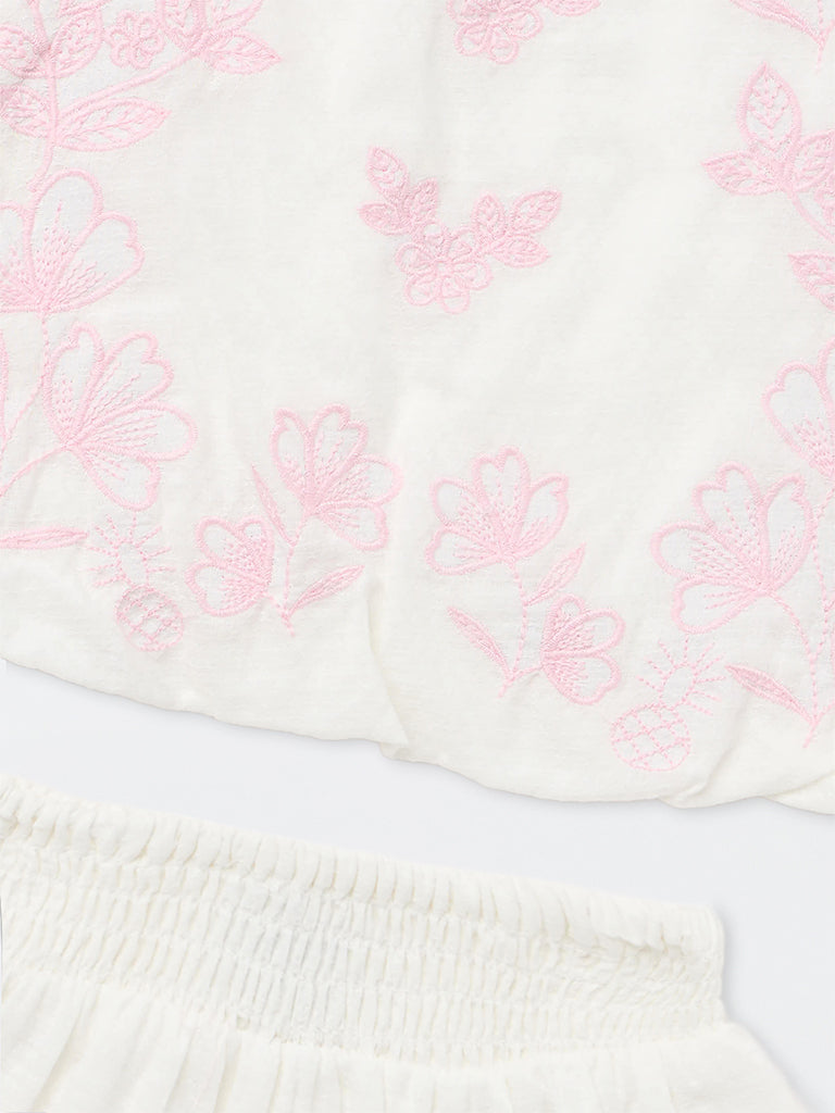 HOP Kids Girls White Floral Embroidered Cotton Top and Skirt Set