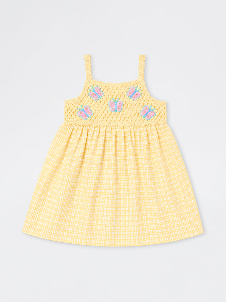 HOP Kids Girls Yellow Checkered Cotton A-Line Dress