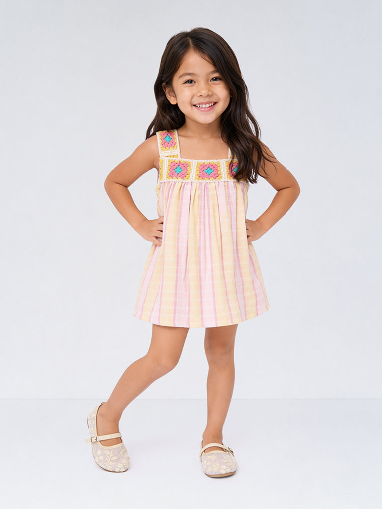 HOP Kids Girls  Multicolour Crochet Embroidered Cotton Top