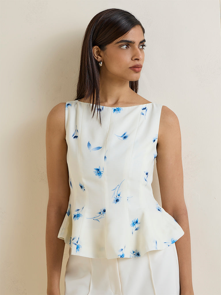 Wardrobe Off-White Floral Printed Linen-Blend Peplum Top