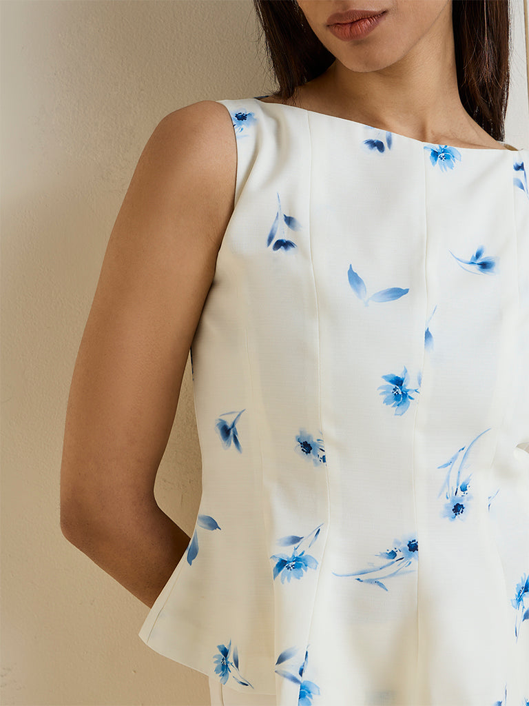 Wardrobe Off-White Floral Printed Linen-Blend Peplum Top